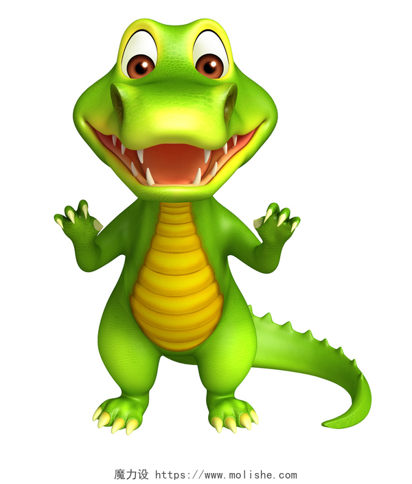 白色背景上的3D鳄鱼卡通动物可爱的卡通角色 Aligator